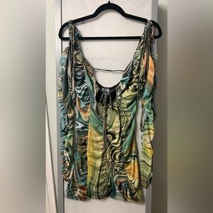 Poster Girl Small  HYPNOTIC HABITS TIE FRONT BODYCON DRESS Green Swirl Dollskill